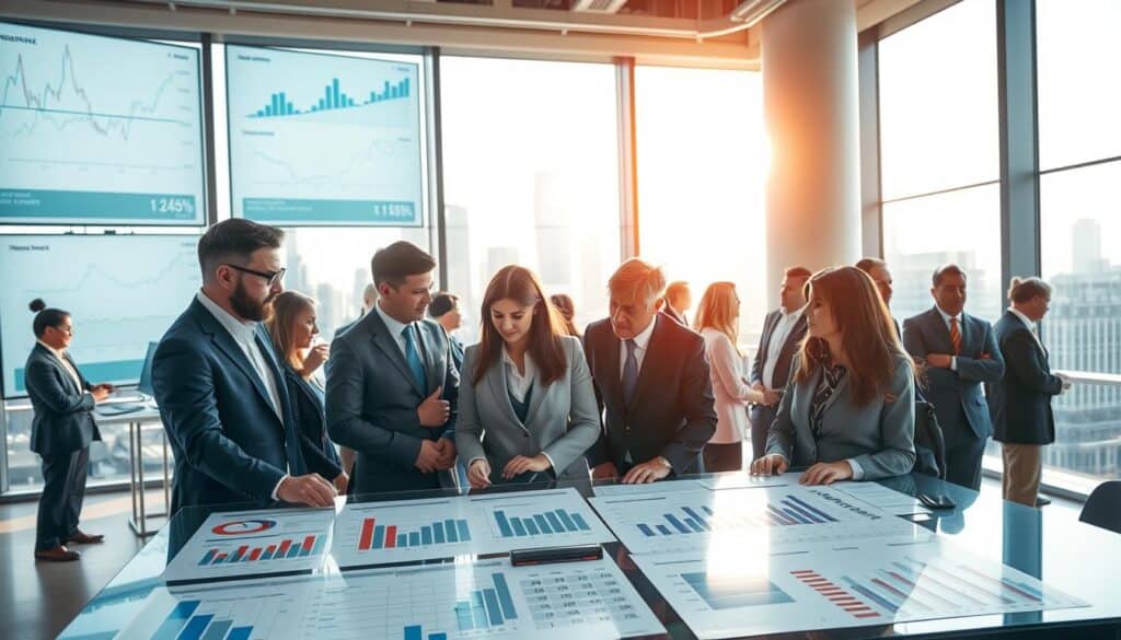 A bustling insurance market scene, showcasing a lively and professional environment. In the foreground, a diverse group of business professionals in smart business attire engage in discussions around a large table with charts and graphs depicting insurance pricing strategies. The middle ground features a modern office space, filled with digital screens displaying insurance statistics and market trends. The background consists of a large window showing a city skyline, with sunlight pouring in, creating a warm and inviting atmosphere. The lighting is bright and well-balanced, highlighting the focused expressions of the professionals. Capture a sense of collaboration and analysis in the air, emphasizing the influence of the insurance market on pricing evaluations.