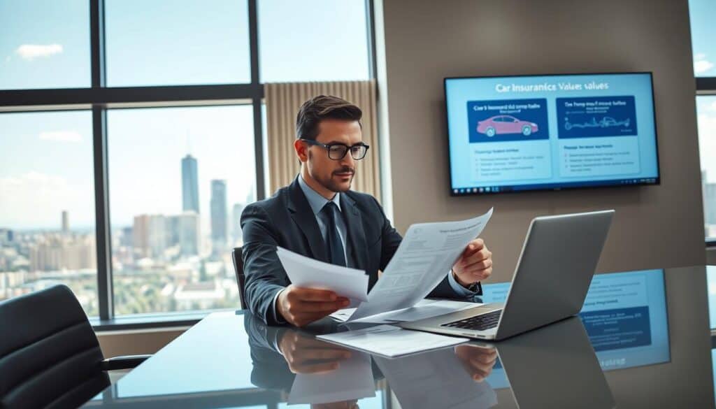 A professional financial advisor in a modern office setting, sitting at a sleek, polished desk with a laptop open. In the foreground, the advisor, dressed in a smart business suit, is reviewing insurance documents, looking thoughtfully at the paperwork. In the middle ground, a large window showcases a city skyline under a bright blue sky, casting natural light across the room. A digital screen on the wall displays animated infographics about car insurance values, emphasizing the comparisons highlighted in the article. The atmosphere is calm yet focused, suggesting professionalism and trustworthiness, ideal for conveying recommendations for car insurance claims and evaluations. The scene should capture a sense of clarity and purpose, without any people appearing overly posed or uninterested.