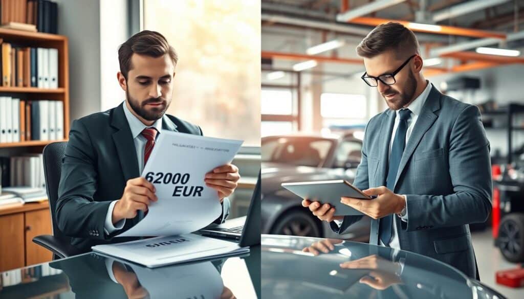 A split-screen image depicting an insurance valuation discrepancy. On the left side, illustrate a professional office setting with a confident insurance agent in business attire reviewing documents at a desk, with an image of a valuation report showing "6,200 EUR" prominently displayed. The background should have shelves filled with insurance books and a window letting in soft natural light. On the right side, contrast this with a car expert, also in business attire, analyzing a valuation report showing "11,400 EUR" on a digital tablet, surrounded by tools and automotive concepts in a garage-like setting. The lighting should be bright and analytical, evoking a sense of professionalism and the importance of accurate valuations.