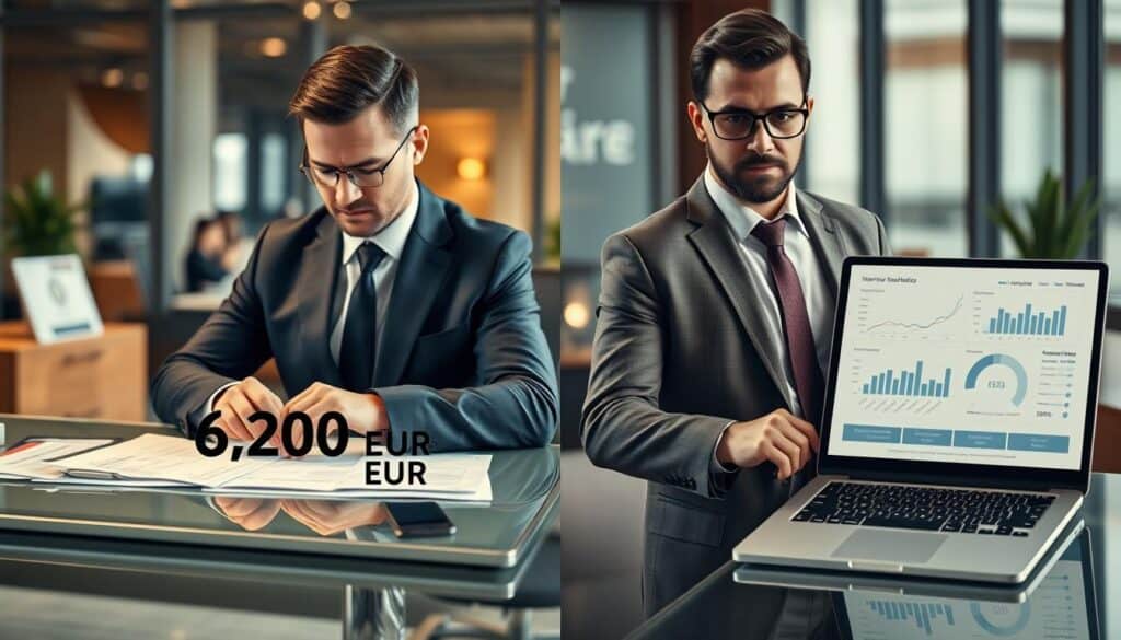A split-screen image illustrating the comparison of insurance valuations: on the left, a professional office setting with a confident insurance adjuster, dressed in a tailored suit, examining financial documents on a sleek desk, showcasing a valuation of 6,200 EUR. On the right, a knowledgeable appraiser, also in business attire, standing beside a modern laptop displaying detailed charts and graphs, representing a valuation of 11,400 EUR. The background features blurred office elements to maintain focus on the figures, while warm lighting highlights the professionals' thoughtful expressions. The atmosphere is analytical and serious, emphasizing the importance of accurate valuations in insurance assessments. The image should capture the contrasting valuations clearly, without any text or overlays.