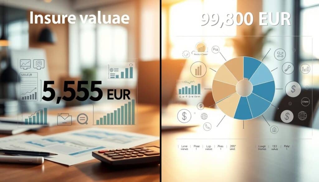 A split-screen image showcasing a comparison of insurance valuations. On the left, depict a detailed visual representation of "5,555 EUR" with graphs and charts illustrating its valuation process, surrounded by icons like a calculator and paperwork in a professional office environment. On the right, illustrate "9,800 EUR" with more elaborate data visualizations, including a larger pie chart and stylized financial symbols, reflecting a more detailed analysis. In the background, show a softly blurred office setting with warm, natural light streaming in through a window, creating a professional and insightful atmosphere. Use a focal length that emphasizes the contrast between both valuations while maintaining clarity in background details.