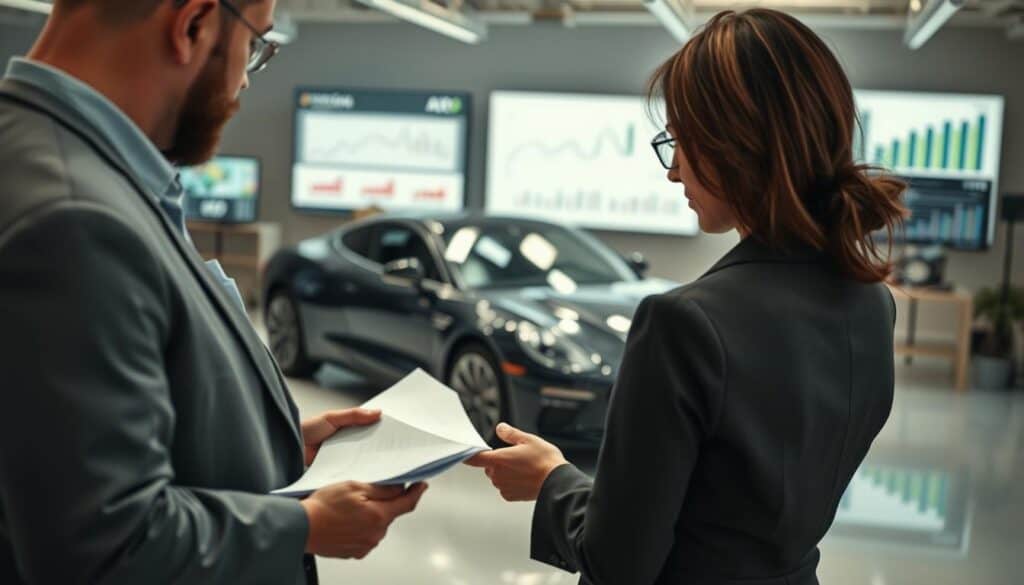 A visually striking scene depicting a car insurance concept. In the foreground, a professional-looking person in business attire, reviewing documents, perhaps with a laptop open beside them, reflecting a serious approach to evaluating car damage claims. In the middle, a sleek, modern car, showcasing minor damage, under bright, natural lighting to emphasize its features. In the background, an office environment with charts and graphs on screens, symbolizing insurance value assessments. The atmosphere is analytical and focused, with a slight sense of urgency, highlighting the critical nature of car insurance evaluations. The lens should capture a shallow depth of field to keep attention on the foreground subject while softly blurring the background elements, creating a clean, professional aesthetic.