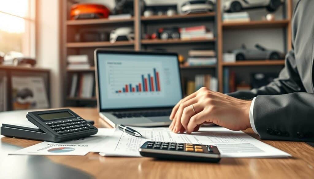 A close-up view of a sleek, modern office desk featuring a high-quality car valuation report and a calculator, both prominently displayed. In the foreground, focus on a well-dressed professional analyzing data on the report, surrounded by various papers and an elegant pen. In the middle, a laptop screen displaying graphs comparing vehicle values, with a soft light reflecting off the screen. The background consists of blurred shelves filled with automotive books and tools, creating a sophisticated atmosphere. Utilize natural lighting from a nearby window, casting gentle shadows to evoke a sense of critical analysis and professionalism in vehicle appraisal. The overall mood should be one of focused contemplation and expertise.