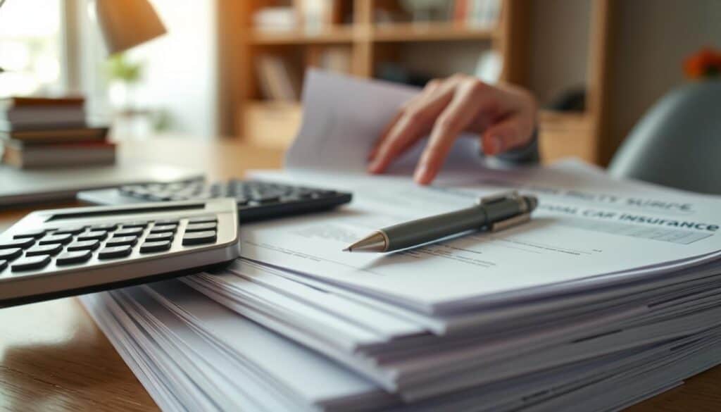 A close-up view of an organized stack of car insurance documentation, including policy papers, quotes, and approval letters, prominently featuring a calculator and a pen resting atop the papers. The foreground captures the textures of the documents with crisp details, while the middle shows a soft, blurred hand reaching for a document in a professional setting. The background hints at an office environment with a desk and a bookshelf, softly lit with natural light coming from a nearby window, creating a warm and focused atmosphere. The scene is meant to convey the importance of thorough documentation in the valuation process, with a sense of professionalism and clarity.