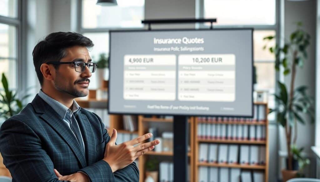 A confident insurance agent in professional business attire, standing in an office environment, gestures towards a large digital screen displaying two contrasting insurance quotes: "4,900 EUR" and "10,200 EUR." The foreground features the agent with a thoughtful expression, emphasizing professionalism and trustworthiness. In the middle ground, the digital screen glows subtly, showcasing a breakdown of policy benefits. The background reveals a well-organized office with shelves filled with insurance brochures and plants, creating a calm and welcoming atmosphere. Natural lighting filters through large windows, casting soft shadows. The image should feel informative and engaging, embodying a sense of reliability and user-centric service in the insurance industry.