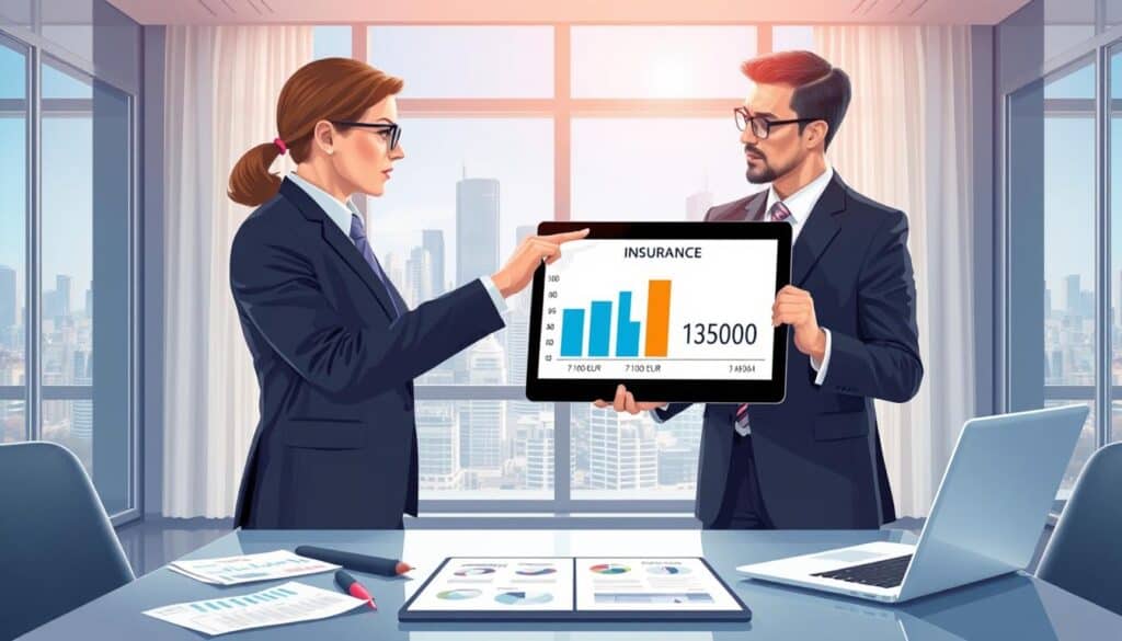 A detailed illustration contrasting insurance valuation estimates. In the foreground, two business professionals in formal attire are engaged in a serious discussion, one pointing at a digital tablet displaying bar graphs and figures representing two insurance valuations: 7,100 EUR and 13,500 EUR. In the middle ground, a modern office setting with a sleek desk, financial papers, and a laptop open with charts visible. The background showcases a large window with a city skyline view under a clear blue sky, casting soft, natural light into the room. The mood is analytical and focused, with an atmosphere of professional scrutiny and financial decision-making.