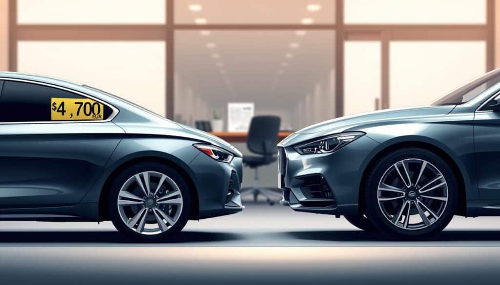 A detailed illustration of vehicle valuation examples, showcasing two cars side by side in a professional setting. In the foreground, a sleek, modern car on the left with a glossy finish and a colorful price tag of 4,700 EUR attached to its window. Beside it, a luxury car on the right with an elegant design and a price tag of 9,900 EUR visible. The middle ground features a subtle blur of an office environment, with a desk and financial documents slightly out of focus. The background should include soft ambient lighting from large windows, creating a warm but professional atmosphere. The angle should be slightly elevated, offering a clear view of both vehicles and their price tags, highlighting the contrast in valuations. The mood is analytical and informative, perfect for illustrating the concept of vehicle pricing.