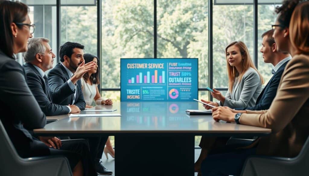A diverse group of professionals gathered around a sleek conference table, engaged in a discussion about customer expectations for insurance companies. In the foreground, a middle-aged man in a sharp suit gestures confidently, while a young woman in business casual attire takes notes. The middle ground features a digital screen displaying charts and keywords related to customer service, trust, and insurance pricing. In the background, large windows let in natural light, reflecting a modern office environment with greenery visible outside. The atmosphere is focused and collaborative, conveying a sense of urgency and determination. The image should be bright and well-lit, capturing the energy of a productive business meeting.