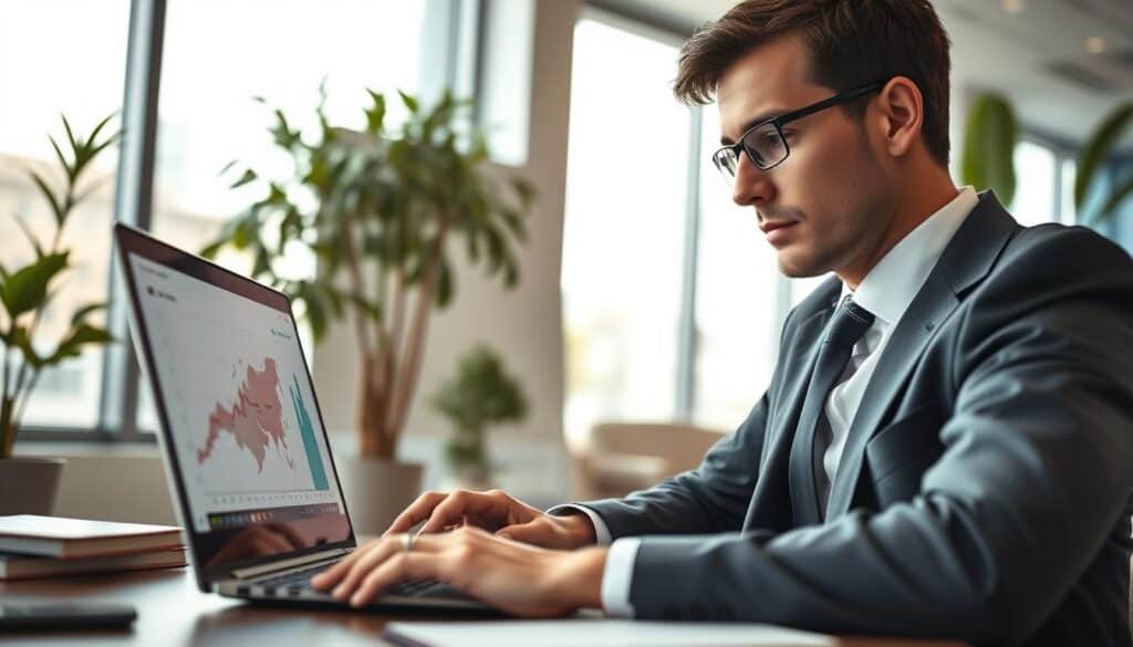 A dynamic and professional scene focusing on vehicle insurance valuation. In the foreground, a well-dressed individual in business attire, looking thoughtfully at a laptop displaying graphs and numbers related to insurance estimates. The middle section features a modern office environment with an abstract map of vehicles, symbolizing motor insurance coverage. In the background, soft, natural light coming through large windows creates a warm atmosphere, while potted plants add a touch of green. The overall mood is serious and analytical, encapsulating user opinions on insurance valuations, with a focus on clarity and sophistication. A wide-angle perspective enhances the detailed elements in the scene, emphasizing the contrast between the individual's contemplation and the data on the screen.