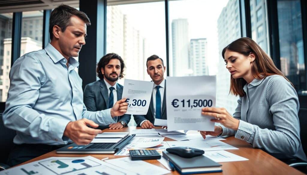 A focused scene capturing a business meeting in a modern office environment. In the foreground, a diverse group of three professionals in business attire—two men and one woman—are discussing documents related to vehicle accident compensation. The man on the left, holding a laptop, is presenting contrasting figures: "€5,300" vs. "€12,000". The middle section shows a table cluttered with papers, charts, and a calculator, emphasizing the tension of the differing valuations. The background features large windows with city views, allowing natural light to fill the space, creating a bright and professional atmosphere. The mood is serious and analytical, reflecting the importance of resolving discrepancies in insurance valuations. The angle is slightly from above, providing an overview of the discussion.