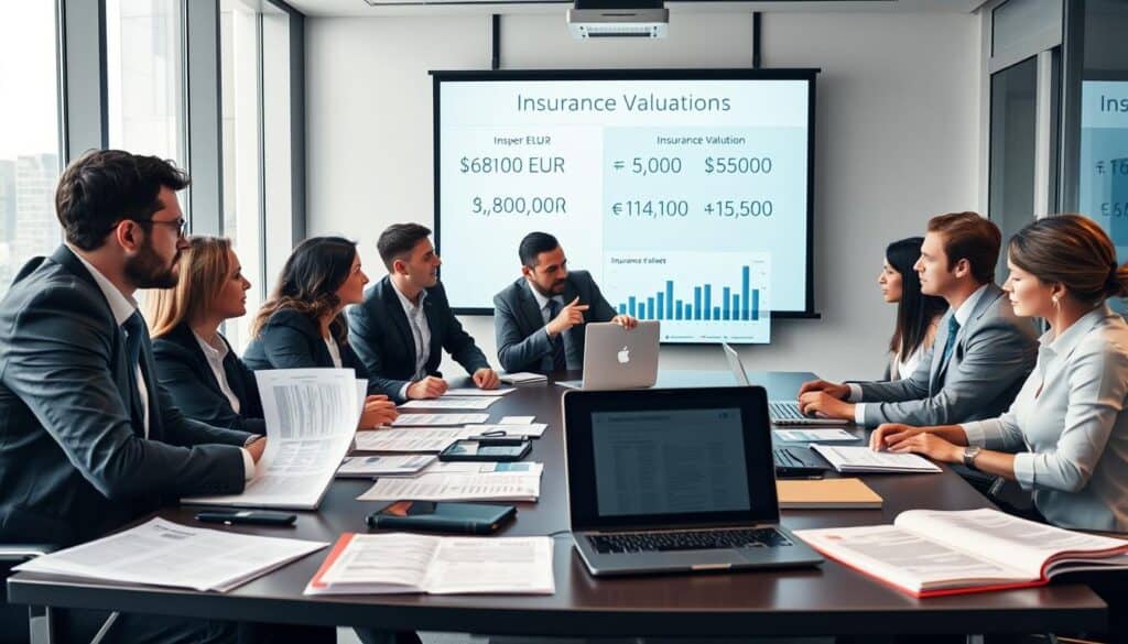 A modern office environment featuring professionals analyzing detailed insurance documentation. In the foreground, a diverse group of businesspeople dressed in smart attire, focused on charts and graphs that depict insurance valuations. They are seated around a sleek conference table, with one individual pointing at a projector screen displaying contrasting figures - 6,800 EUR versus 14,200 EUR. In the middle ground, documents and laptops filled with data create a sense of urgency and analysis. The background shows a large window with cityscape views, soft natural lighting filtering in. The atmosphere is serious and analytical, with a clear emphasis on collaboration and informed decision-making.