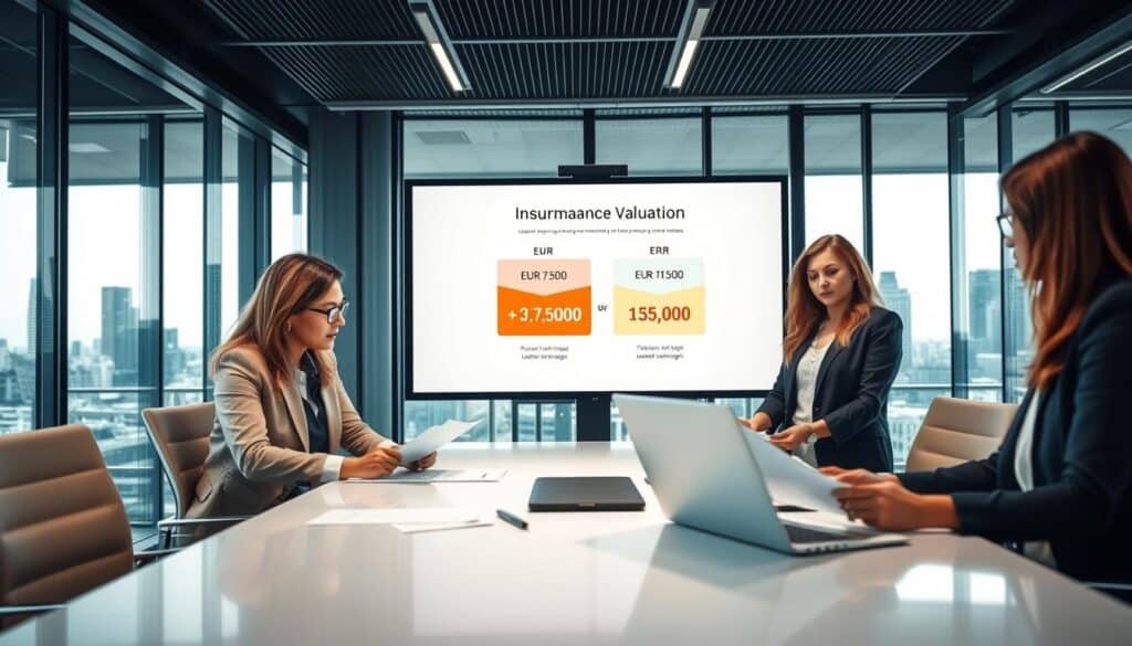 A modern office setting capturing a professional discussion about insurance valuation. In the foreground, a diverse group of three business professionals, one male and two female, are gathered around a sleek conference table, examining documents and a laptop. They are dressed in professional attire, exhibiting a focused demeanor. In the middle, a large screen displays an infographic comparing insurance valuations with key figures: "EUR 7,500" and "EUR 15,000." The background features large windows allowing natural light to enhance the vibrant atmosphere, with a city skyline visible outside. The lighting is bright yet soft, creating a warm and welcoming environment. The overall mood is serious and contemplative, emphasizing the importance of making informed financial decisions in insurance.