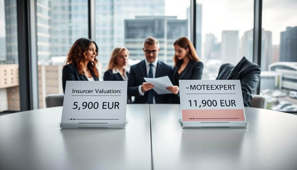 A modern, professional office setting with a sleek, minimalist desk in the foreground. On the desk, there are two distinct documents side by side: one labeled "Insurer Valuation: 5,900 EUR" and the other "MOTOEXPERT Valuation: 11,800 EUR," each with a distinct color scheme representing their values. In the middle ground, a group of three professionals in business attire are engaged in a discussion, examining the documents with expressions of contemplation. The background features a large window showing a bustling cityscape, with soft, natural light illuminating the room and casting gentle shadows. The atmosphere is serious yet collaborative, highlighting the key differences between the two valuations, showcasing an analytical approach to decision-making and financial assessment.