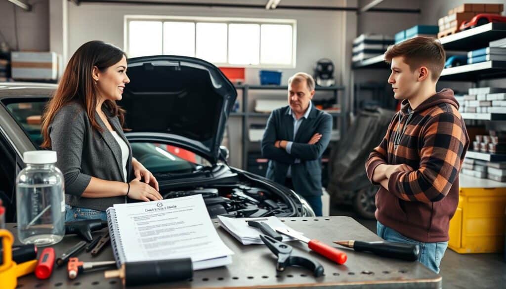 A practical driving advice scene in a well-lit garage environment, showcasing a diverse group of three drivers - a woman in smart casual attire, a man in a business suit, and a young man in comfortable clothing. They are gathered around a car with its hood open, discussing vehicle maintenance tips and safety checks. In the foreground, there are tools and a checklist on the workbench, emphasizing practical advice. The middle ground features the car and the engaged individuals, while the background displays shelves stocked with automotive supplies, creating an informative atmosphere. The lighting is bright and natural, coming from a window, providing a sense of clarity and focus on the discussion. The mood is friendly and professional, highlighting collaboration and learning.