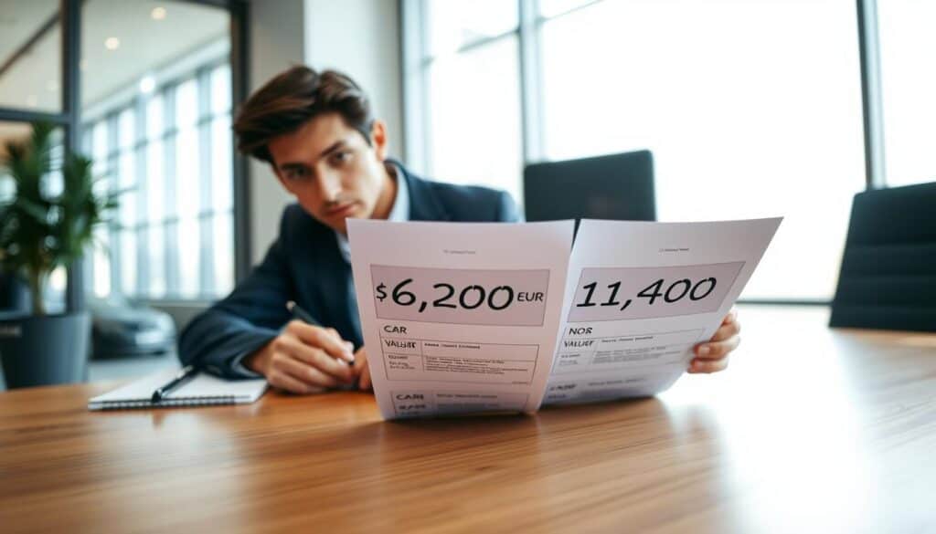 A professional and confident insurance appraiser in a modern office setting, closely examining two distinct car valuation documents on a sleek wooden desk. In the foreground, focus on the appraiser’s focused expression, dressed in business attire, with a notepad and pen beside them. In the middle ground, the documents are visibly labeled with different valuation amounts: "6,200 EUR" and "11,400 EUR," clearly contrasting in size and importance. The background features large windows with soft daylight filtering in, illuminating the workspace, enhancing a sense of professionalism and analytical approach. The atmosphere is serious yet approachable, reflecting an environment where client feedback on evaluations is valued. The angle is slightly elevated, capturing both the appraiser and the valuation documents effectively.