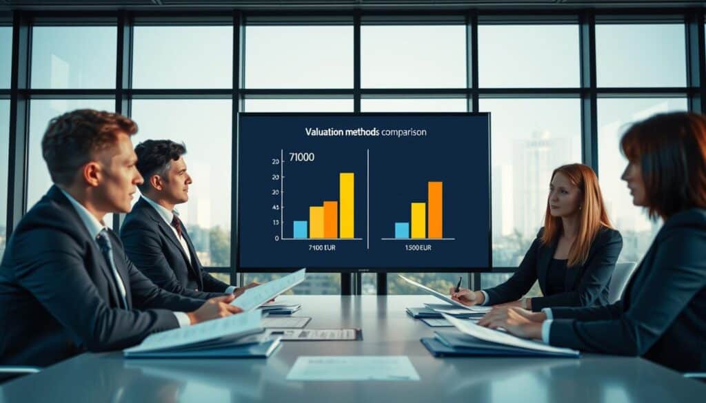 A professional and informative scene illustrating the concept of "valuation methods comparison" in the context of insurance, set in a modern conference room. In the foreground, a diverse group of business professionals (two men and two women) dressed in professional business attire, actively engaging in discussion over documents and charts displayed on a large screen. In the middle ground, a digital presentation showcases two contrasting valuation figures, 7,100 EUR and 13,500 EUR, visually represented as bar graphs. The background features large windows that let in soft natural light, creating a bright and focused atmosphere. The setting is sleek and contemporary, emphasizing a professional and analytical mood, with cool color tones and sharp lines throughout the composition.