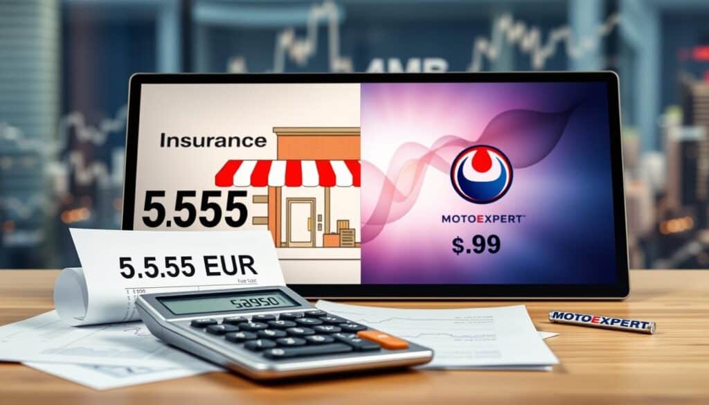 A professional and informative visual concept illustrating a financial comparison between two insurance options: one represented as "Insurance Provider" showing a price tag of 5,555 EUR, and the other labeled "MOTOEXPERT" with a price of 9,800 EUR. In the foreground, a sleek modern calculator and financial documents, with graphs depicting rising costs. The middle layer features a split-screen effect, where one side shows an illustrated storefront for "Insurance Provider" and the other side showcases the "MOTOEXPERT" logo against an abstract background suggesting innovation. In the background, financial charts and a soft-focused cityscape convey a business environment. The lighting should be bright and focused, creating an analytical and professional atmosphere.