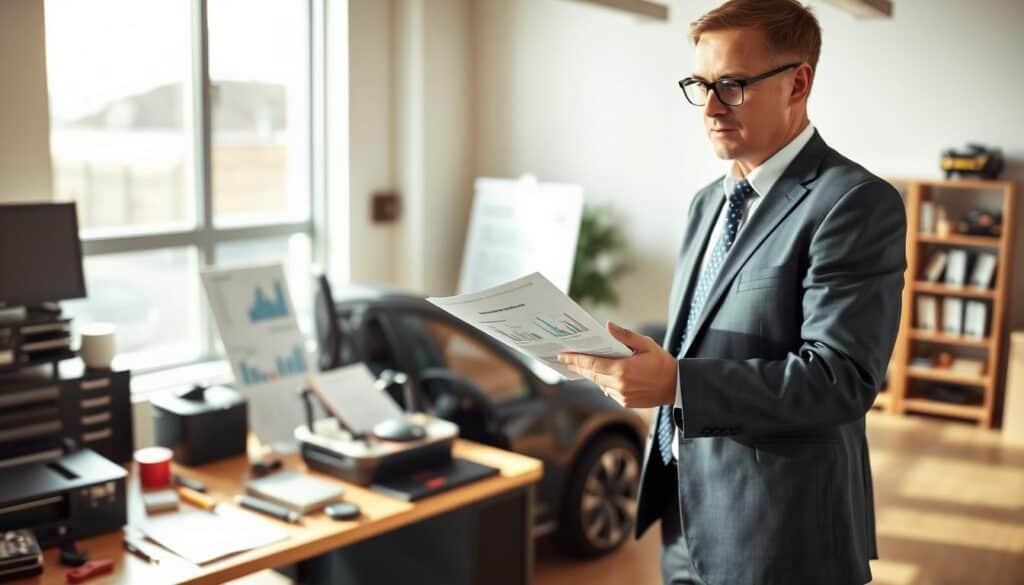 A professional appraiser standing in an office environment, analyzing a detailed vehicle inspection report. In the foreground, focus on the appraiser, a middle-aged Caucasian man in a smart business suit, holding a digital tablet and wearing glasses. In the middle ground, the desk is cluttered with automotive inspection tools and documents, displaying charts and data. In the background, a large window allows natural light to pour in, illuminating the space and casting soft shadows. The atmosphere is focused and analytical, with a sense of professionalism and urgency. Use a high-angle perspective to emphasize the appraiser's concentration, and capture the warm tones of the office, creating an inviting yet serious mood.