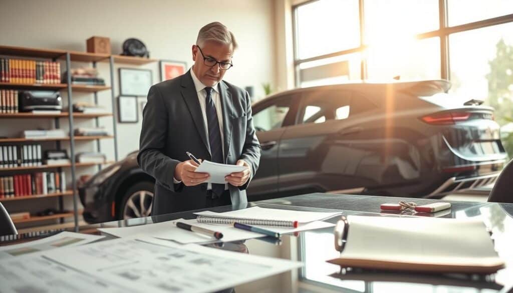 A professional automotive appraiser standing confidently in a well-lit office, examining a sleek, modern car. The appraiser, a middle-aged man in a tailored suit, uses a notepad and pen to jot down notes, showcasing his expertise. In the foreground, detailed measurements and technical documents are scattered across a polished desk. The middle section features the appraiser focused on the car, illuminated by natural light streaming through a large window, creating a warm and inviting atmosphere. In the background, shelves lined with automotive reference books and a wall-mounted certificate of expertise provide context. Capture a sense of professionalism, with a perspective that emphasizes the appraiser's analytical and precise approach to vehicle valuation. A professional automotive appraiser standing confidently in a well-lit office, examining a sleek, modern car. The appraiser, a middle-aged man in a tailored suit, uses a notepad and pen to jot down notes, showcasing his expertise. In the foreground, detailed measurements and technical documents are scattered across a polished desk. The middle section features the appraiser focused on the car, illuminated by natural light streaming through a large window, creating a warm and inviting atmosphere. In the background, shelves lined with automotive reference books and a wall-mounted certificate of expertise provide context. Capture a sense of professionalism, with a perspective that emphasizes the appraiser's analytical and precise approach to vehicle valuation.