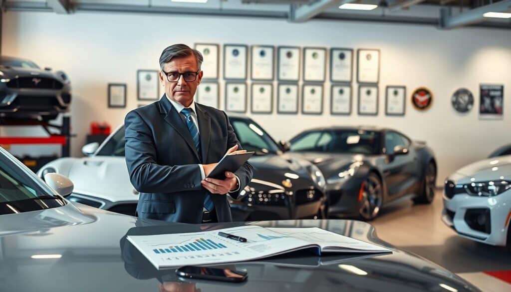 A professional automotive expert, dressed in smart business attire, standing confidently in an office setting adorned with cars and automotive equipment. The expert is examining a vehicle's value, with a clipboard and high-tech equipment in hand, displaying graphs and data related to vehicle evaluation on a sleek desk. In the background, a wall features framed certifications and awards, symbolizing expertise and trust. The lighting is bright and focused, emphasizing the professionalism of the scene, with soft shadows creating depth. The mood is one of confidence and authority, reflecting a high-stakes appraisal process, inspired by the figures reported. Capture the essence of expertise in automotive valuation, showcasing precision and professionalism in the automotive industry.