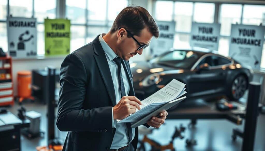 A professional automotive expert, known as "rzeczoznawca MOTOEXPERT," is closely examining a sleek, modern car in a well-lit office environment. In the foreground, the expert, wearing smart business attire, is reviewing detailed reports and calculations on a digital tablet, emphasizing his analytical nature. The middle layer features the car on a diagnostic lift, with tools and equipment neatly arranged around it, showcasing a busy yet organized workspace. In the background, large windows let in natural light, illuminating motivational posters related to vehicle assessment, creating an atmosphere of professionalism and dedication. The overall mood is focused and serious, reflecting the importance of a vehicle expert in the insurance evaluation process. The angle captures the expert's intense concentration, with soft focus on the car, highlighting the intricate details of both the vehicle and the workspace.