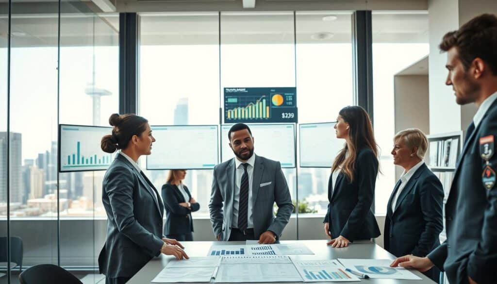 A professional business environment showcasing "property insurance for enterprises". In the foreground, a diverse group of business professionals in sleek attire engaged in a discussion, with a table displaying charts and documents related to insurance evaluations. In the middle ground, a large, modern office space with a glass wall that reveals a city skyline through bright daylight. Three monitors on a wall exhibit financial graphs and insurance data. The background features shelves filled with insurance literature. The lighting is bright and inviting, suggesting a productive atmosphere. The overall mood is serious and analytical, emphasizing the importance of accurate insurance appraisal costs in a corporate setting.
