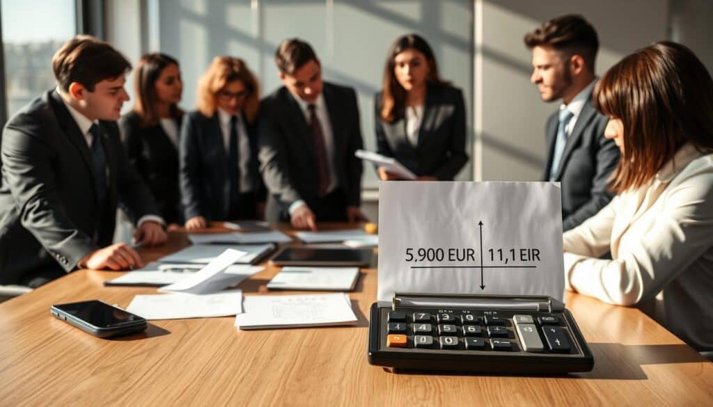 A professional business meeting scene illustrating the appeal process of insurance valuation disputes. In the foreground, a diverse group of four individuals in business attire are engaged in a serious discussion, with one person pointing at a document on the table. The middle layer showcases a conference table filled with various documents, a laptop, and a notepad, along with a calculator highlighting differing valuations of 5,900 EUR and 11,800 EUR. The background features a large window with natural light streaming in, casting soft shadows across the room, enhancing the tension in the atmosphere. The overall mood is serious, focused, and contemplative, with a slight air of determination.