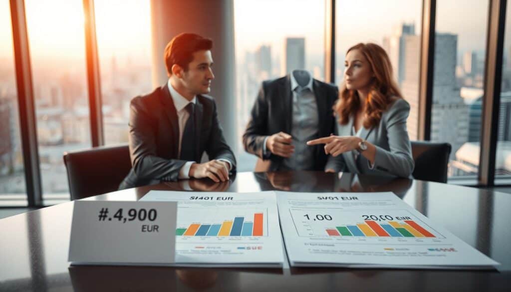A professional business meeting scene set in a modern office, focusing on a negotiation table featuring two contrasting documents. In the foreground, a close-up view of two documents labeled "4,900 EUR" and "10,200 EUR", each with distinct, colorful graphs illustrating the valuation differences. In the middle ground, two business professionals, a man and a woman, dressed in sleek business attire, are engaged in a discussion, pointing toward the documents with intent expressions. The background showcases a panoramic view of a city skyline through large glass windows, bathed in warm, natural lighting that creates a productive atmosphere. The composition should emphasize clarity and focus on the documents, with a soft depth of field to enhance the sense of importance and decision-making.