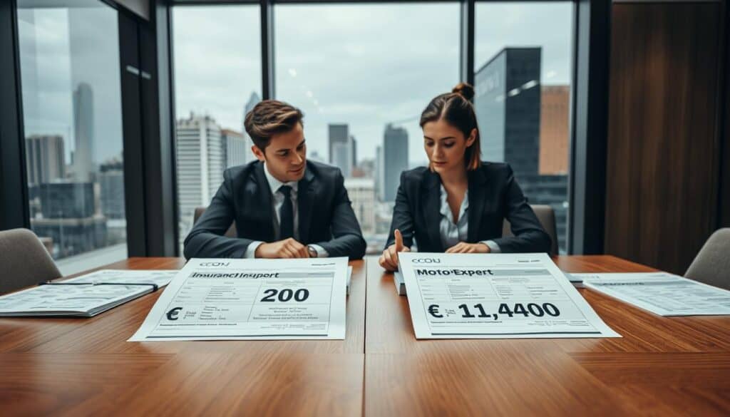 A professional business setting showcasing a detailed comparison of insurance valuations. In the foreground, a large wooden conference table is laden with documents showing two distinct valuation reports: one labeled "Insurer €6,200" and the other "MOTOEXPERT €11,400". In the middle, two business professionals, a man and a woman in business attire, are engaged in a focused discussion, examining the reports. The atmosphere is tense yet constructive, with their expressions reflecting deep concentration. Soft overhead lighting illuminates the scene, casting subtle shadows that add depth. In the background, a large window reveals a cityscape, suggesting a modern corporate environment. The composition conveys a blend of analysis and decision-making, ideal for illustrating insights from a comparison.