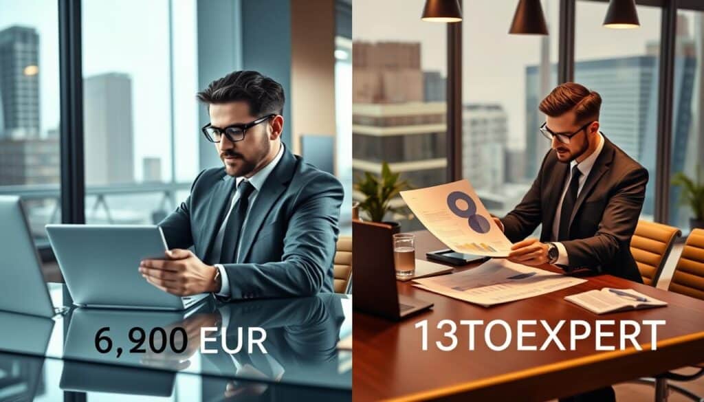 A professional comparison of insurance quotes, depicted as a split-screen image. On the left, a visual representation of the quote for "Insurer A - 6,100 EUR," featuring a sleek, modern office setting with a confident businessperson in professional attire analyzing data on a laptop. On the right, a contrasting depiction of "MOTOEXPERT - 13,200 EUR," showcasing a vibrant, more dynamic atmosphere with a different business professional reviewing documents on a stylish desk, surrounded by charts and graphs. The background should have subtle details of city buildings to enhance the business theme. Soft, warm lighting creates an inviting atmosphere, captured from a slightly elevated angle to provide depth and focus on both professionals.