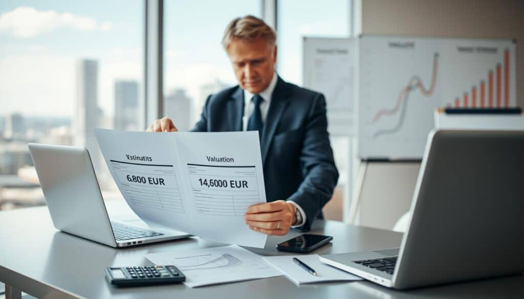 A professional insurance adjuster examining two contrasting damage estimates, one labeled 6,800 EUR and the other 14,200 EUR, displayed on a modern business desk. In the foreground, the adjuster, a middle-aged individual in professional attire, is focused on the documents, surrounded by a sleek laptop, a calculator, and a notepad. The middle ground features a well-lit office with a large window showcasing a city skyline, emphasizing a corporate atmosphere. In the background, a whiteboard displays charts and graphs symbolizing valuation benefits. The lighting is bright and inviting, creating a serious yet optimistic mood, with a shallow depth of field to enhance the subjects' focus.