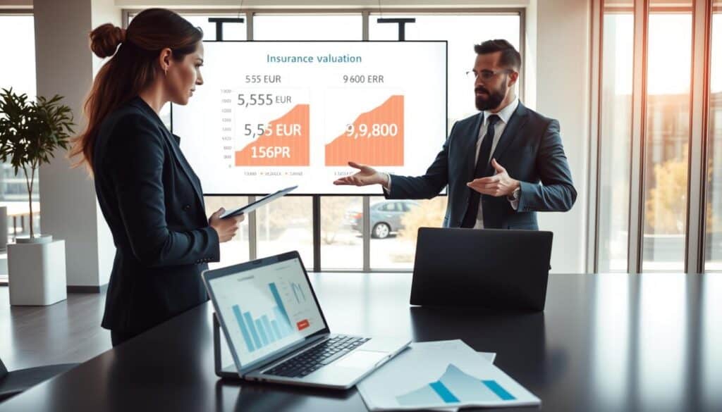 A professional insurance consultation scene focused on automotive insurance evaluation. In the foreground, a businesswoman in a professional attire examines documents on a sleek desk, with a laptop open displaying graphs and figures related to insurance valuations. In the middle ground, a male insurance agent in a suit gestures towards a digital chart on a large screen showing contrasting insurance values (5,555 EUR vs 9,800 EUR). The background features a modern office environment with large windows letting in soft, natural daylight, creating a calm and professional atmosphere. The image should convey a mood of professionalism and clarity, emphasizing the importance of understanding insurance evaluations. The composition should be well-lit, with a focus on the subjects, captured from a slightly elevated angle to add depth.