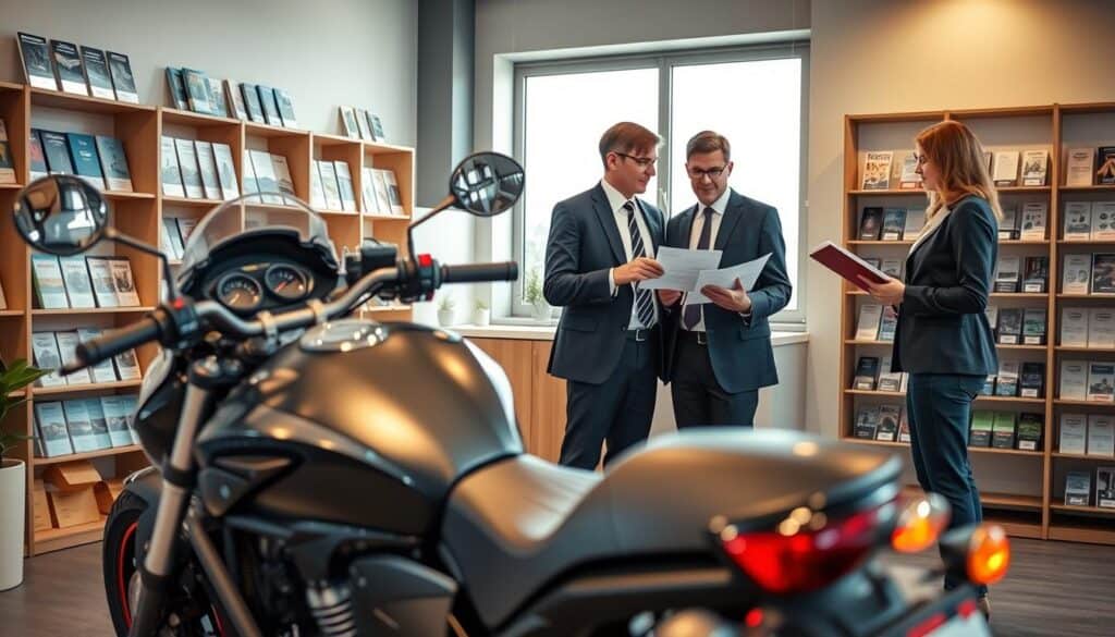 A professional-looking motorcycle insurance office, featuring a sleek, modern workspace with a motorcycle prominently displayed in the foreground. In the middle ground, an agent in smart business attire is engaged in a consultation with a client, discussing paperwork and insurance estimates. The background includes shelves filled with insurance brochures, and a large window allowing natural light to illuminate the scene, creating a warm, inviting atmosphere. The composition captures the tension between traditional and innovative approaches in the insurance industry, reflecting the theme of future valuations with a blend of realism and optimism. The image should have a slightly blurred depth of field effect to emphasize the subjects in focus.