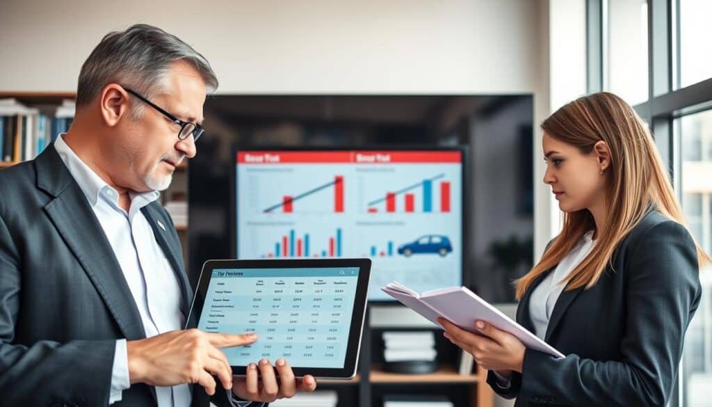 A professional office scene in a modern insurance company, featuring two business analysts reviewing vehicle valuation reports. In the foreground, one analyst, a middle-aged man in a suit, points at a digital tablet displaying key factors affecting vehicle prices, such as make, model, age, mileage, and condition. The second analyst, a young woman in professional attire, takes notes on a notepad, showing deep concentration. In the middle ground, a large screen displays graphs and charts illustrating pricing comparisons. The background includes shelves filled with automotive reference books and a large window letting in natural light, creating a bright and focused atmosphere. The mood is serious and analytical, emphasizing the importance of accurate vehicle valuation.