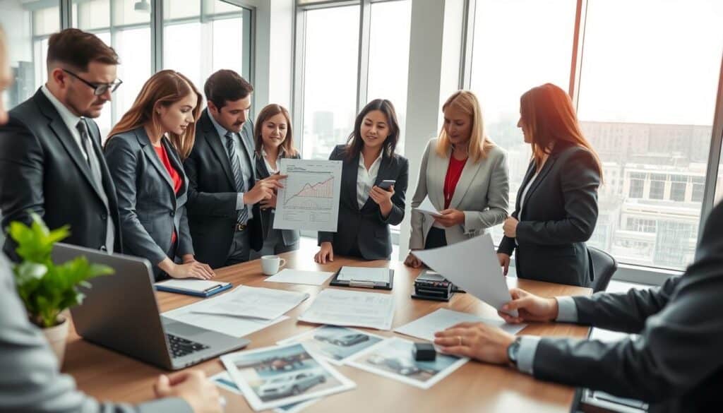 A professional office setting depicting a detailed insurance damage assessment process. In the foreground, a diverse group of business professionals, dressed in smart business attire, are gathered around a large table. They are analyzing documents and discussing figures related to damage evaluations, with one person pointing at a detailed report displaying numeric values. In the middle, there are various assessment tools: a laptop showing graphs, a calculator, and printed documents with images of vehicle damages. The background features a modern office with large windows allowing natural light to flood the room, conveying a sense of clarity and professionalism. The mood is serious yet collaborative, emphasizing teamwork in the valuation process. The camera angle is slightly elevated, capturing the scene from above, allowing a clear view of the table's contents.