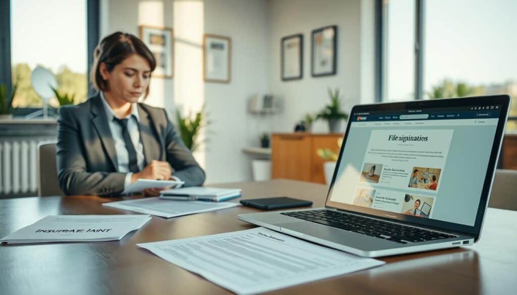A professional office setting illustrating the process of filing a complaint. In the foreground, a neatly organized desk with paperwork, a filled-out complaint form, and a laptop displaying an insurance website. To the left, a business person in professional attire, focused and taking notes, with a thoughtful expression. In the middle ground, a large window allowing soft, natural daylight to filter in, casting gentle shadows. The background features a calming, minimalist office design with potted plants and framed certificates on the walls. The atmosphere is serious yet hopeful, capturing the essence of navigating insurance claims with determination. The lighting is warm and inviting, creating a sense of professionalism and clarity. A professional office setting illustrating the process of filing a complaint. In the foreground, a neatly organized desk with paperwork, a filled-out complaint form, and a laptop displaying an insurance website. To the left, a business person in professional attire, focused and taking notes, with a thoughtful expression. In the middle ground, a large window allowing soft, natural daylight to filter in, casting gentle shadows. The background features a calming, minimalist office design with potted plants and framed certificates on the walls. The atmosphere is serious yet hopeful, capturing the essence of navigating insurance claims with determination. The lighting is warm and inviting, creating a sense of professionalism and clarity.