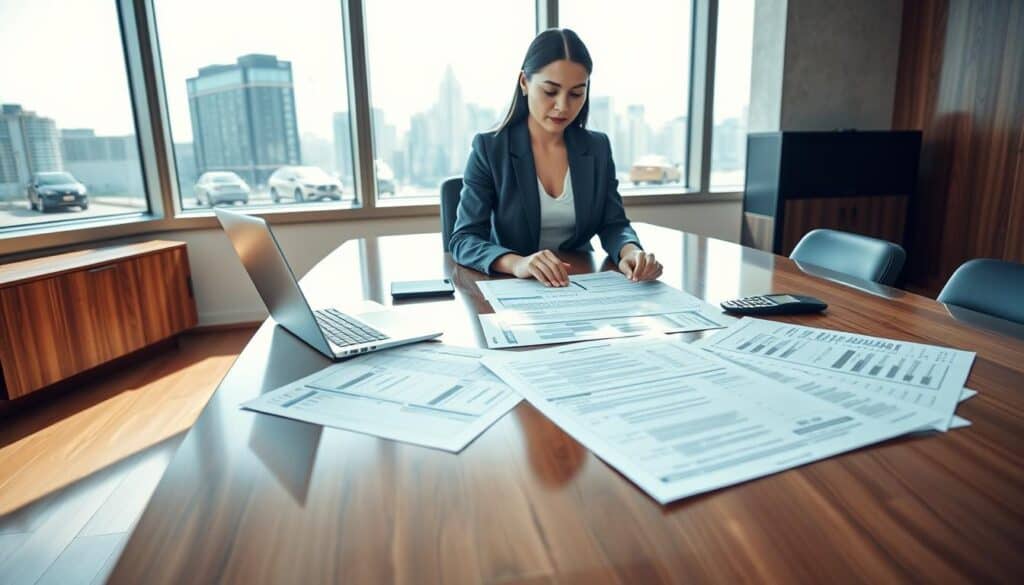 A professional office setting showcasing an elegant conference table with detailed car insurance documents spread across it. In the foreground, a confident businesswoman in a tailored blazer analyzes the documents, surrounded by a high-tech laptop and a calculator. The middle ground features a large window with natural light streaming in, casting soft shadows on the polished wood floor. In the background, a modern cityscape can be seen through the window, symbolizing the insurance industry. The atmosphere is focused and analytical, emphasizing the importance of insurance valuation. The overall color palette is composed of cool blues and warm wood tones, creating a professional yet inviting ambience. The shot is taken at eye level with a subtle depth of field, directing attention to the subject and documents.