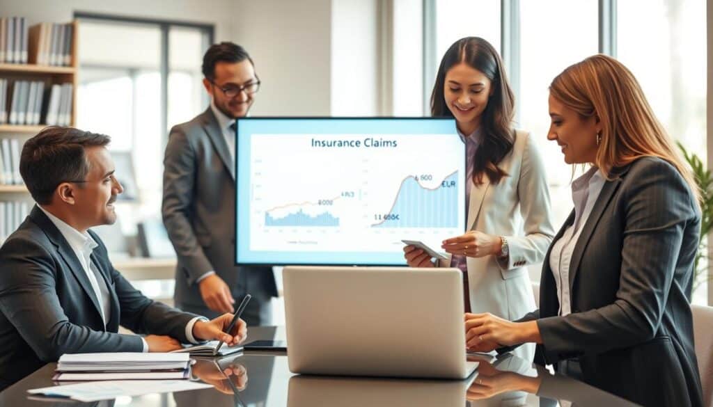 A professional scene depicting a financial evaluation process for insurance claims in a well-lit office environment. In the foreground, a diverse group of three business professionals, dressed in smart attire, are engaged in a discussion over a laptop displaying numerical data. In the middle ground, a large screen shows contrasting graphs or data visualizations representing the two valuations: 6,800 EUR and 14,200 EUR. In the background, office elements like bookshelves filled with financial reports and soft lighting from large windows create a transparent atmosphere. The mood is focused and collaborative, highlighting the importance of clients’ opinions and experiences during the valuation process. The image captures a sense of professionalism and diligence in financial assessment.