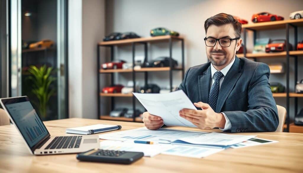 A professional scene depicting insurance evaluation in an office setting. In the foreground, a confident insurance agent in a smart business suit is reviewing documents with a focused expression. On the table, there's a calculator, financial reports, and a laptop displaying charts related to car insurance pricing. The middle layer features a large window with soft, natural light pouring in, which illuminates the space, creating a warm and inviting atmosphere. In the background, shelves lined with car models and insurance pamphlets suggest a connection to automotive coverage. The overall mood is analytical and trustworthy, highlighting the importance of choosing the right insurance provider with an emphasis on professionalism and clarity in decision-making.