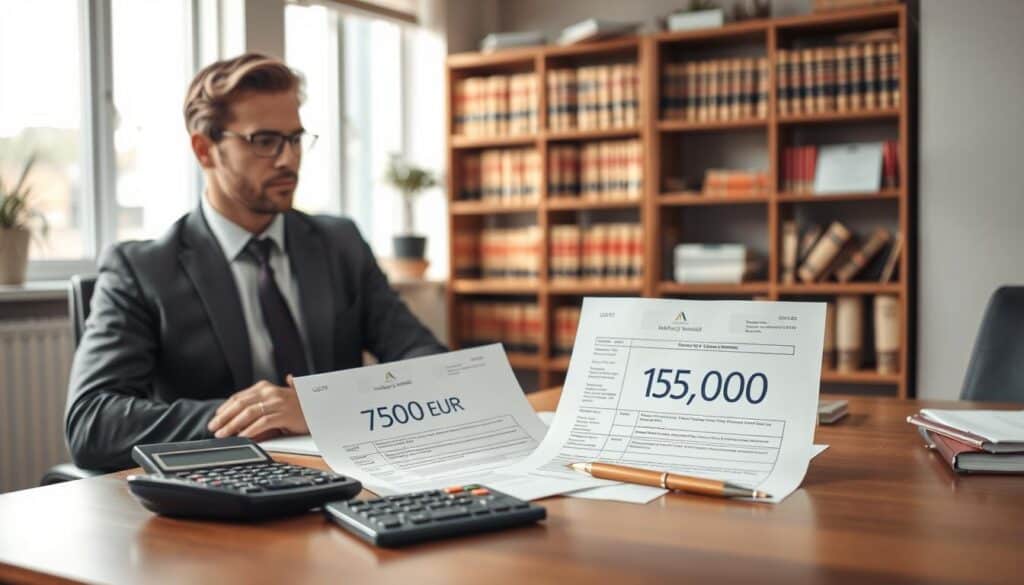 A professional scene illustrating the concept of appealing a valuation, focusing on a neatly organized desk with a financial calculator, documents, and a pen. In the foreground, a confident individual dressed in business attire, looking thoughtfully at the paperwork, symbolizing determination and professionalism. In the middle, the desk cluttered with two contrasting valuation documents: one marked with 7,500 EUR and another with 15,000 EUR, visually representing the difference. The background features a well-lit office environment with bookshelves full of legal and financial texts. Soft, natural lighting pouring in through a window enhances the serious and focused mood, capturing the essence of a formal appeal process in the insurance industry. A professional scene illustrating the concept of appealing a valuation, focusing on a neatly organized desk with a financial calculator, documents, and a pen. In the foreground, a confident individual dressed in business attire, looking thoughtfully at the paperwork, symbolizing determination and professionalism. In the middle, the desk cluttered with two contrasting valuation documents: one marked with 7,500 EUR and another with 15,000 EUR, visually representing the difference. The background features a well-lit office environment with bookshelves full of legal and financial texts. Soft, natural lighting pouring in through a window enhances the serious and focused mood, capturing the essence of a formal appeal process in the insurance industry.
