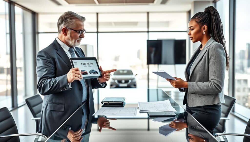 A professional scene illustrating vehicle valuation, featuring two car experts discussing in a sleek, modern office environment. In the foreground, one expert, a middle-aged Caucasian man in a tailored business suit, points at a digital tablet displaying two different car valuations, with figures like "6,100 EUR" and "13,200 EUR" visible on the screen. The other expert, a young African-American woman in smart casual attire, listens intently while taking notes. The middle ground is filled with a stylish glass conference table and automotive blueprints laid out. In the background, large windows allow natural light to illuminate the space, showcasing a city skyline. The atmosphere is professional and focused, conveying the seriousness of vehicle valuation.