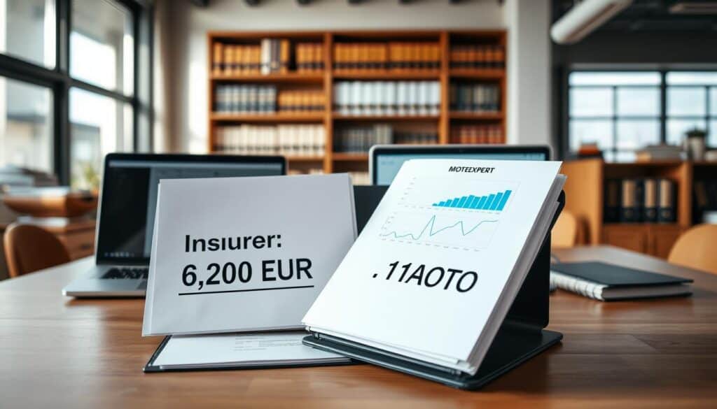 A professional setting depicting a detailed comparison between two damage valuation methods. In the foreground, a modern wooden desk with two open folders, one labeled "Insurer: 6,200 EUR" and the other "MOTOEXPERT: 11,400 EUR". Beside the folders, a laptop displays graphs and charts related to damage assessment. The middle layer features a well-lit office with large windows, allowing natural light to filter in, casting soft shadows. In the background, a bookshelf filled with legal and insurance books adds depth. The atmosphere is analytical and focused, conveying a sense of importance and professionalism, with a depth of field effect to emphasize the folders in front.