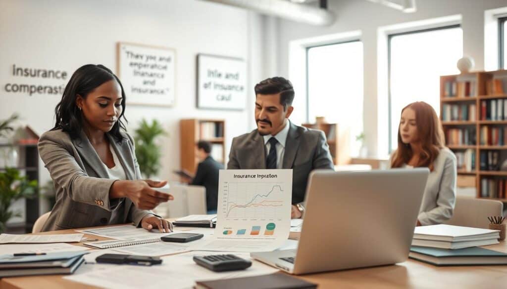 A professional setting depicting a diverse group of people in business attire analyzing insurance compensation reports. In the foreground, an African-American woman points at a document with figures while a Hispanic man looks on, nodding thoughtfully. The middle ground features a table cluttered with papers, calculators, and a laptop displaying a graph comparing compensation amounts. In the background, a well-lit office space with motivational quotes on the walls and shelves filled with books about finance and insurance. Soft, natural lighting filtering through large windows creates a calm and focused atmosphere, while a slight depth of field blurs the background. The overall mood should convey professionalism, collaboration, and critical analysis. A professional setting depicting a diverse group of people in business attire analyzing insurance compensation reports. In the foreground, an African-American woman points at a document with figures while a Hispanic man looks on, nodding thoughtfully. The middle ground features a table cluttered with papers, calculators, and a laptop displaying a graph comparing compensation amounts. In the background, a well-lit office space with motivational quotes on the walls and shelves filled with books about finance and insurance. Soft, natural lighting filtering through large windows creates a calm and focused atmosphere, while a slight depth of field blurs the background. The overall mood should convey professionalism, collaboration, and critical analysis.