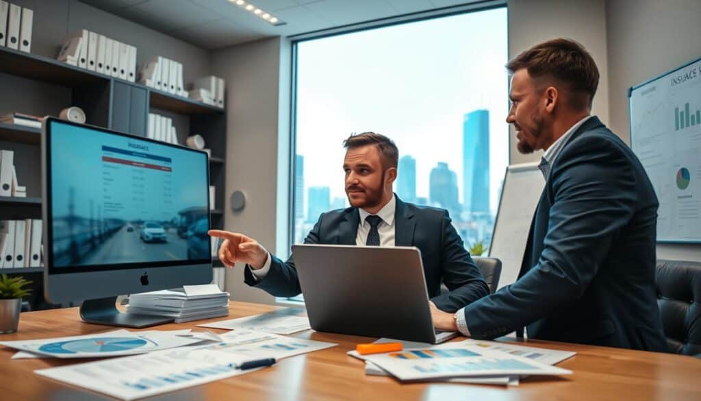 A professional setting depicting a modern office environment focused on automotive insurance. In the foreground, two business professionals in smart attire are engaged in a discussion, one pointing at a laptop screen showing insurance quotes. In the middle ground, a large window reveals a view of the city skyline, while charts and documents related to insurance policies are scattered on the desk. The background features shelves filled with insurance-related books and a whiteboard with notes and figures. The lighting is bright and well-distributed, creating a motivational and focused atmosphere. The camera angle is slightly elevated, allowing a comprehensive view of the workspace and the engaged professionals.