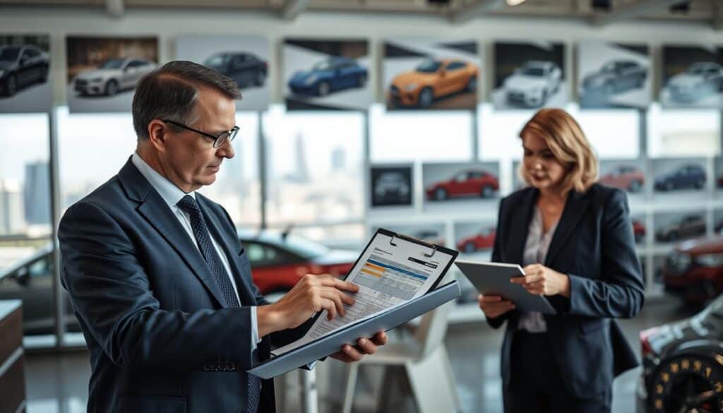 A professional setting featuring two experienced automotive appraisers engaged in a detailed discussion over a vehicle valuation report. In the foreground, one appraiser, a middle-aged man in a sharp navy suit with a tie, points to a chart on a clipboard, while the other appraiser, a woman in a smart blazer, takes notes on a laptop. The middle ground shows a sleek, modern office with a large window revealing a city skyline, allowing natural light to illuminate the scene. In the background, a variety of vehicle images hang on the walls, symbolizing evaluations. The atmosphere is focused and serious, reflecting the importance of accurate assessments in insurance valuations. The composition uses a soft focus on the background to emphasize the professionals in the foreground. A professional setting featuring two experienced automotive appraisers engaged in a detailed discussion over a vehicle valuation report. In the foreground, one appraiser, a middle-aged man in a sharp navy suit with a tie, points to a chart on a clipboard, while the other appraiser, a woman in a smart blazer, takes notes on a laptop. The middle ground shows a sleek, modern office with a large window revealing a city skyline, allowing natural light to illuminate the scene. In the background, a variety of vehicle images hang on the walls, symbolizing evaluations. The atmosphere is focused and serious, reflecting the importance of accurate assessments in insurance valuations. The composition uses a soft focus on the background to emphasize the professionals in the foreground.