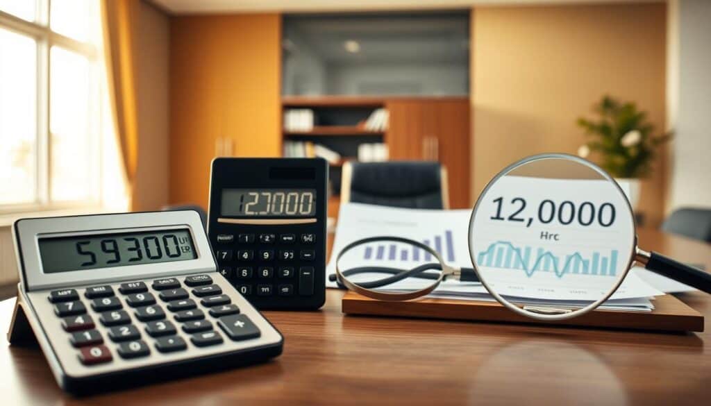 A professional setting illustrating a comparative analysis of insurance compensation amounts. In the foreground, two large calculator devices represent the figures: one displaying "5,300 EUR" and the other "12,000 EUR." The middle ground features an elegant, well-organized office desk with charts and graphs showing the differences in compensation claims, with magnifying glasses examining the figures closely. The background includes a large window, allowing warm, natural light to illuminate the scene, creating a calm and focused atmosphere. The overall mood is analytical and professional, hinting at a precise financial discussion. The image should have a clean and modern aesthetic with a soft-focus effect to emphasize the foreground calculators and charts. A professional setting illustrating a comparative analysis of insurance compensation amounts. In the foreground, two large calculator devices represent the figures: one displaying "5,300 EUR" and the other "12,000 EUR." The middle ground features an elegant, well-organized office desk with charts and graphs showing the differences in compensation claims, with magnifying glasses examining the figures closely. The background includes a large window, allowing warm, natural light to illuminate the scene, creating a calm and focused atmosphere. The overall mood is analytical and professional, hinting at a precise financial discussion. The image should have a clean and modern aesthetic with a soft-focus effect to emphasize the foreground calculators and charts.