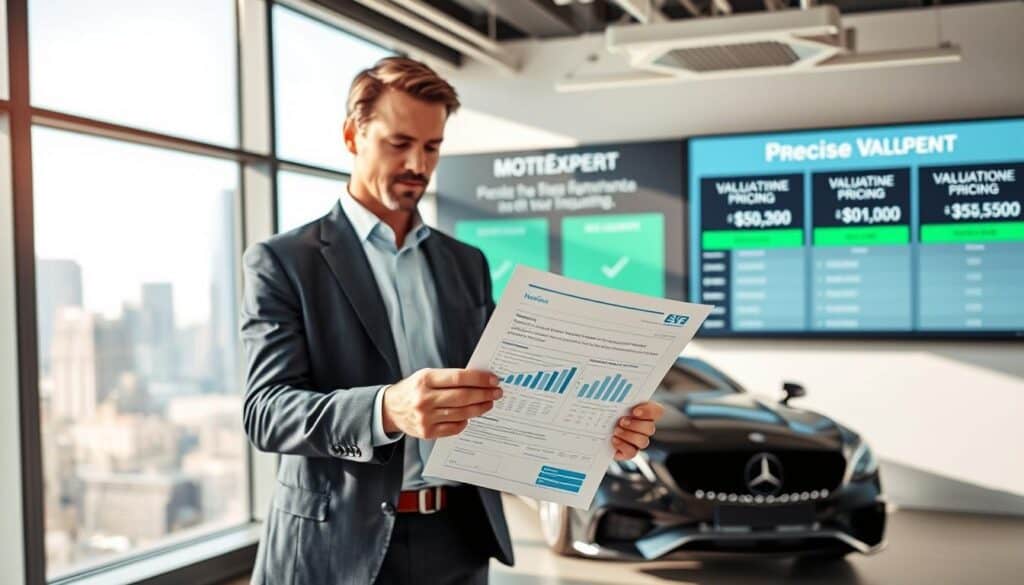 A professional setting illustrating the concept of precise valuation in the automotive insurance industry, focusing on MOTOEXPERT. In the foreground, a well-dressed business professional in smart casual attire is examining a detailed valuation report with graphs and charts. The middle ground features a sleek modern office environment with large windows allowing natural light, showcasing city skyline views. In the background, a digital display board shows comparative pricing, highlighting the differences in valuation between MOTOEXPERT and traditional insurance methods. The scene is bright and inviting, conveying a sense of expertise and trust. Use a wide-angle lens to capture the depth of the office space, ensuring clear focus on the professional and the valuation document, while maintaining a soft blur on the background elements.