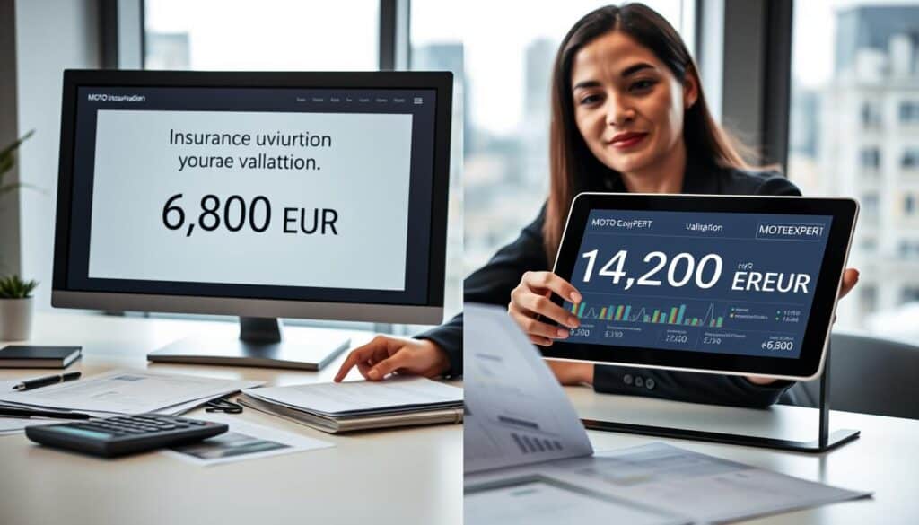 A professional, visually engaging comparison of two insurance valuations, illustrated on a split-screen layout. On the left, a modern office desk featuring a calculator, financial documents, and a computer screen displaying the valuation of 6,800 EUR from an insurance provider. On the right, a sleek digital device or tablet showing the 14,200 EUR valuation from MOTOEXPERT, with graphs and charts overlaying the screen. The foreground includes a confident person in business attire analyzing the documents, conveying a sense of decision-making. In the background, a blurred cityscape through a window, suggesting a corporate environment. Soft, even lighting enhances the professionalism, with a slight depth of field to keep the focus on the subjects. The atmosphere is one of clarity and professionalism, ideal for conveying serious financial comparisons.