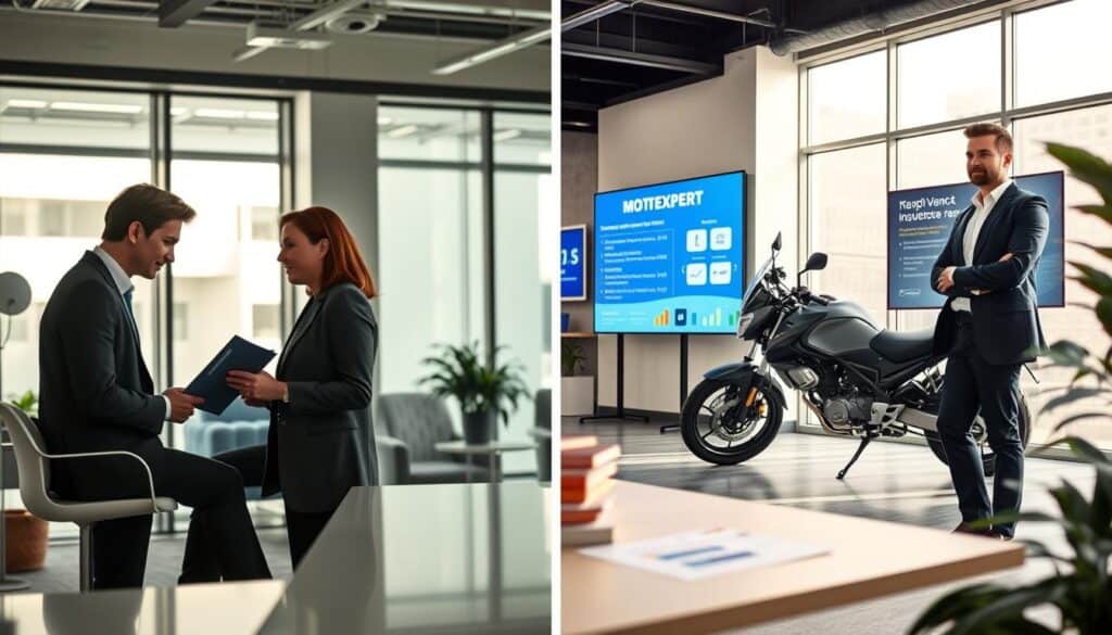 A split image comparing two insurance options: on the left, a modern, sleek office representing a traditional insurance provider, with a professional consultant in business attire discussing policy details with a client; bright lighting through large windows, high-tech decor. On the right, a vibrant, contemporary workspace for MOTOEXPERT, featuring a confident advisor standing next to a digital display showcasing competitive rates, a motorcycle in the background. Soft, ambient lighting sets a warm atmosphere. The foreground includes visual elements like charts and graphs symbolizing value comparison. The mood is professional yet approachable, inviting the viewer to consider their choices clearly and thoughtfully.