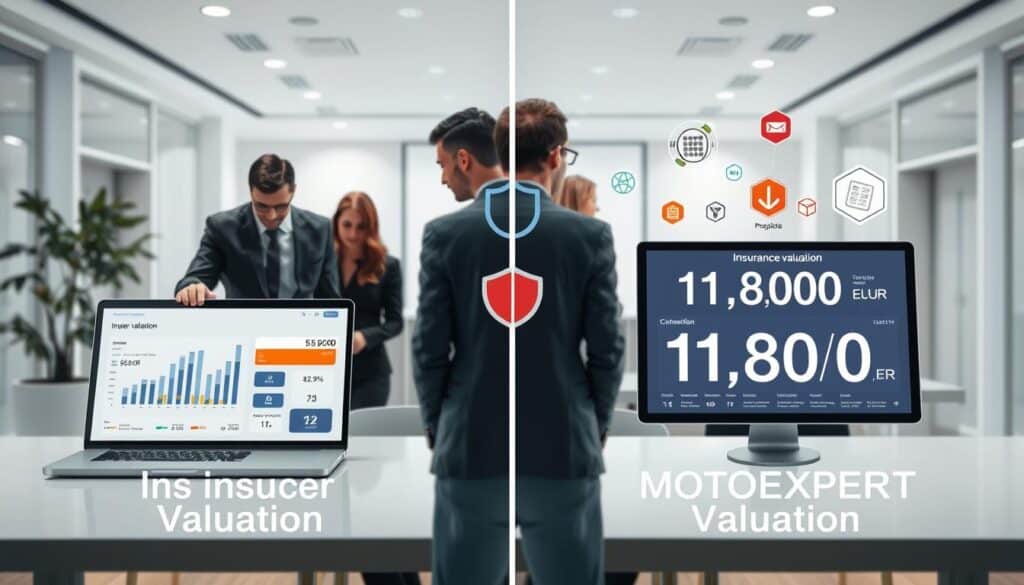 A split-screen comparison illustration depicting the valuation differences between two insurance approaches: on the left, the "Insurer Valuation" with a professional setting showcasing a laptop displaying a figure of 5,900 EUR, with charts and graphs highlighting the evaluation process. On the right, the "MOTOEXPERT Valuation" featuring a digital device presenting a figure of 11,800 EUR, complemented by detailed infographics. The foreground features business professionals in professional attire analyzing the data, emphasizing focus and collaboration. The middle layer includes floating icons representing insurance concepts, such as shields and calculators. The background is an elegant office environment with soft white lighting and a modern design, creating a balanced, informative atmosphere. The overall mood should exude professionalism and clarity without any text or distractions.